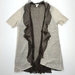 Chicos Sweater Women 3/XL‎ Brown Linen Cardigan Mesh Sheer Short Sleeve Office